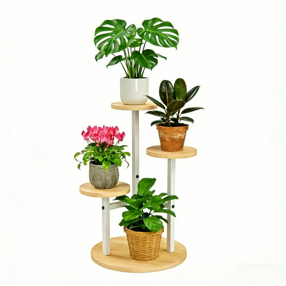 Wondiair 3-Tier Round Wooden Plant Stand, 21" Indoor Flower Display Rack with Metal Frame, Modern Plant Holder for Living Room, Balcony, Patio
