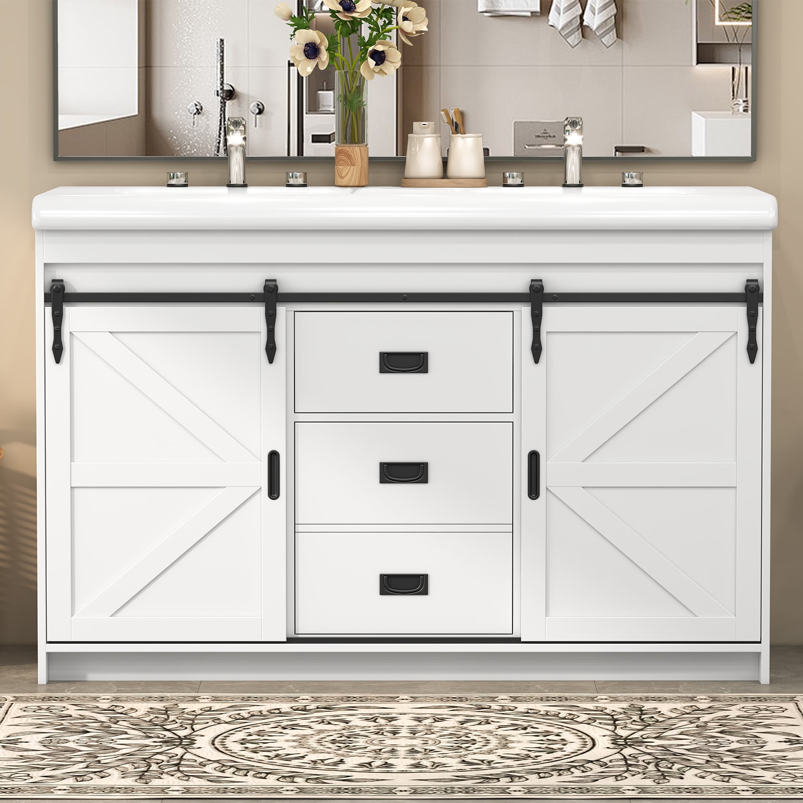 Jarbalai 47" Freestanding Bathroom Vanity with Double Ceramic Basin and Sliding Doors, White
