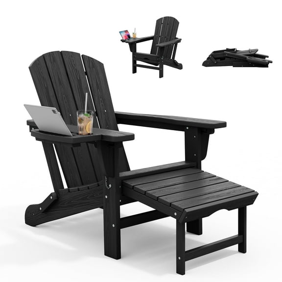JUSTLET HDPE Folding Adjustable Adirondack Chair with Retractable Ottoman, Outdoor Weather - Resistant Lawn Chair with 4 in 1 Cup Holder, Black