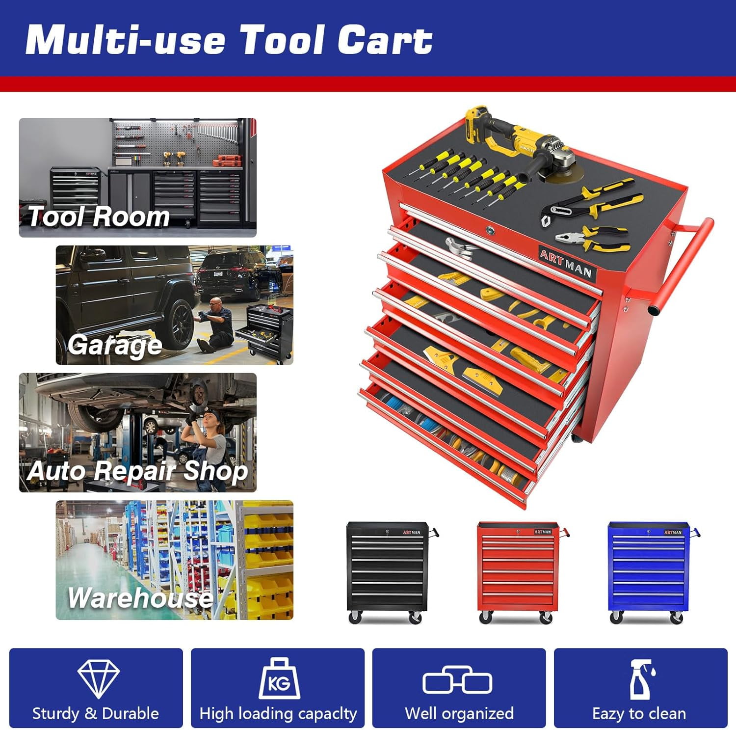 7-Drawers Tool Cabinets On Wheels, Rolling Tool Chest With Drawers, Craftsman Tool Box With Keyed Locking System, Tool Storage Organizer For Warehouse, Garage, Workshop, Green
