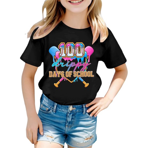 School Uniforms for Girls Short Sleeve Letter Print Crewneck Tee Back To School Casual Wear Girl's T Shirt Black 2 Years-3 Years