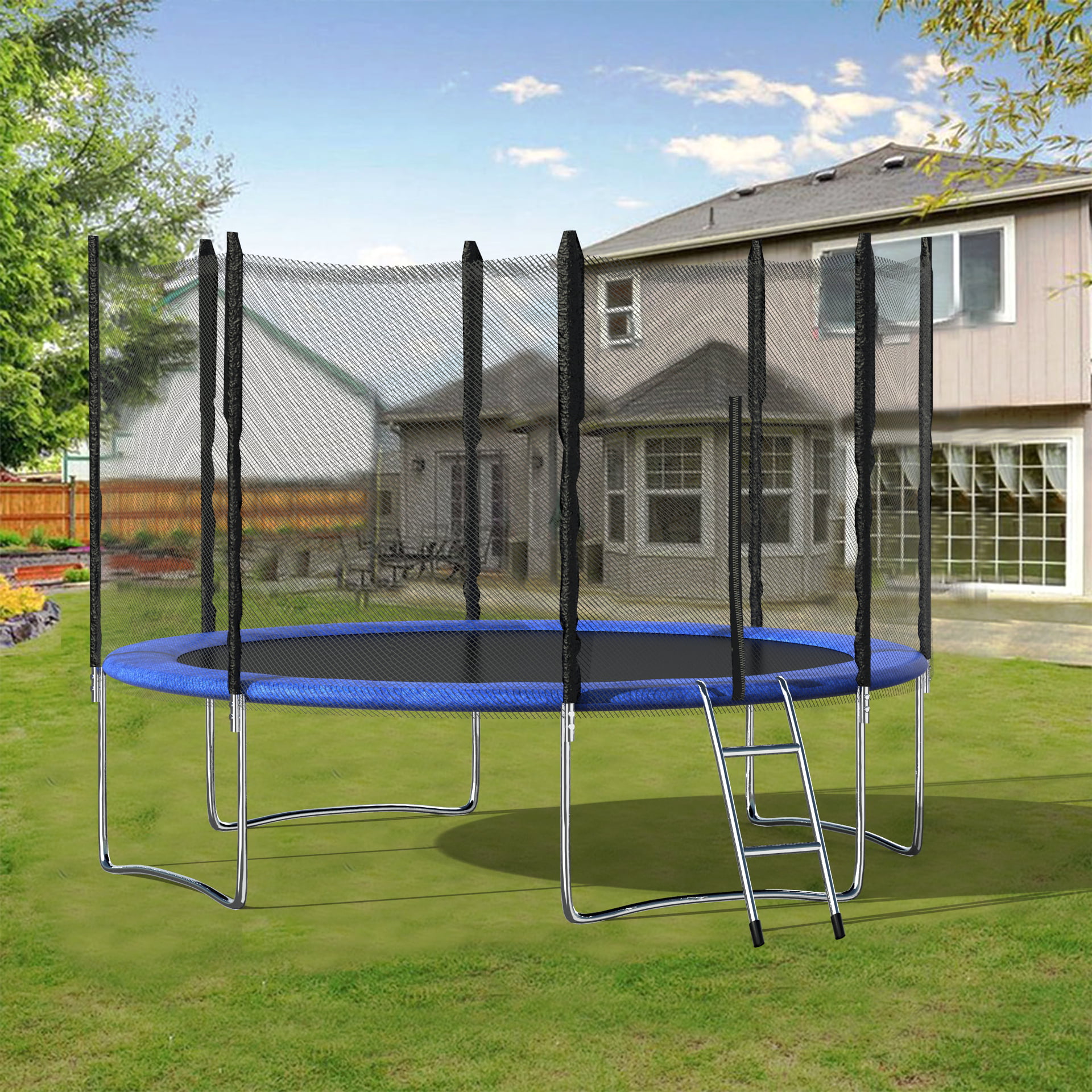 Spring Pad Jumping Mat and Durable Springs -Made to Last- Jump & Bounce Outdoor Fun Family Entertainment Trampoline 8ft / 10ft / 12ft / 14ft AbarQs Premium garden & fitness series Ladder Poles Safety Enclosure with special Net 