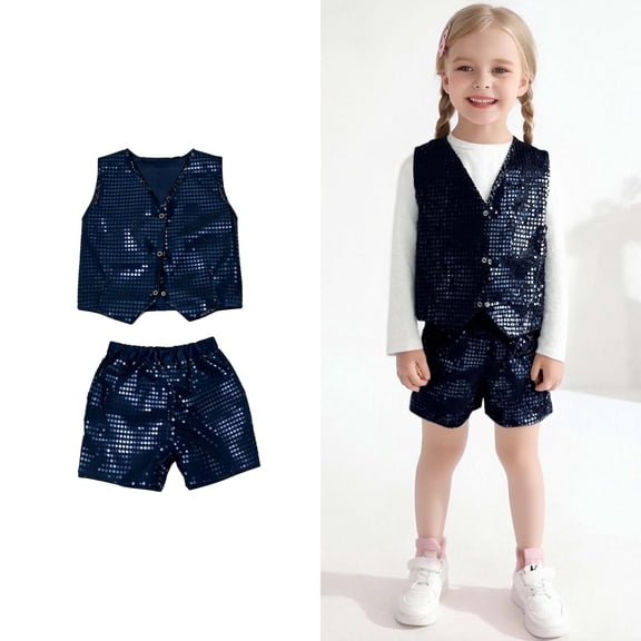 Girls Dance Sequin Black Dance Sleeveless Button Vest and Pants Set Girls Dance Outfit Dance Performance Outerwear 4-5 Years
