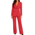 thumbnail image 5 of Women's Solid Lapel Single Button Blazer High Waist Flare Pants 2 Piece Outfit, Elegant Business office Suit Matching Set Red XL(XL), 5 of 6