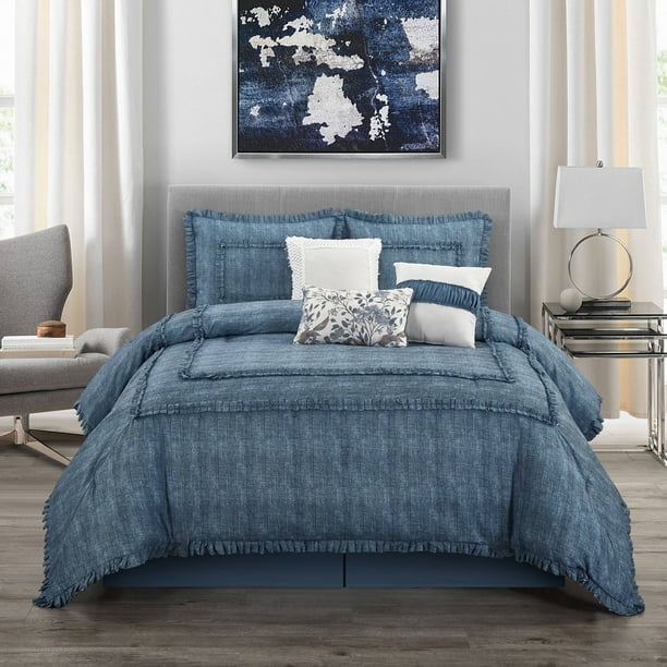Lanco Willow 7 Piece Comforter Bedding Set, Blue, Queen