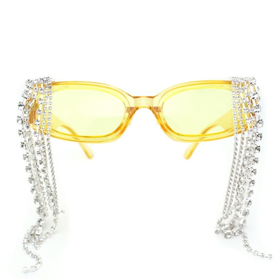 Heavy Dripping Rhinestone Tassel Bling Luxury Rectangle Sunglasses Yellow