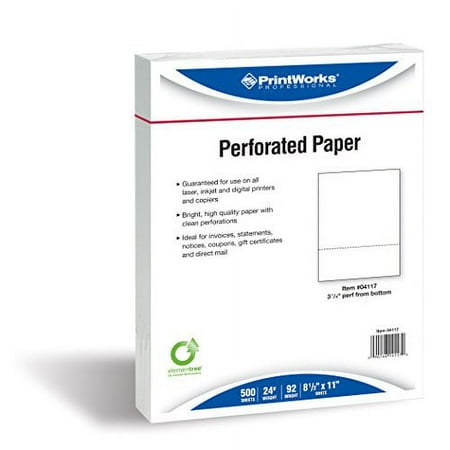 PrintWorks Professional Perforated Paper for Statements, Invoices, Gift Certificates, Coupons and More, 8.5 x 11, 24 lb, 1 Horizontal Perf 3 1/4" From Bottom, 500 Sheets, White (04117)