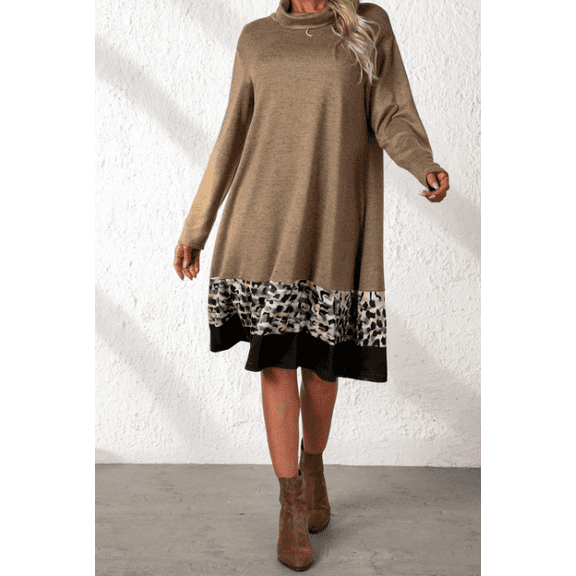 Women's High Neck Leopard Print Tiered Hem Knit Dress, Long Sleeve Loose Fit Fall Winter Casual A-Line Tunic Dress