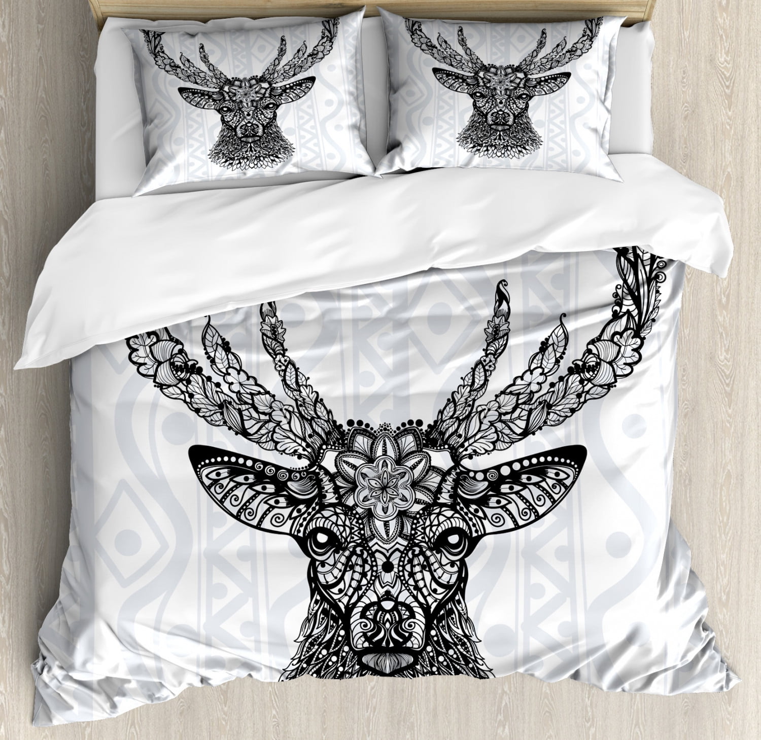 Deer Duvet Cover Set, Aboriginal Floral Polynesian Figure Ethnic Deer