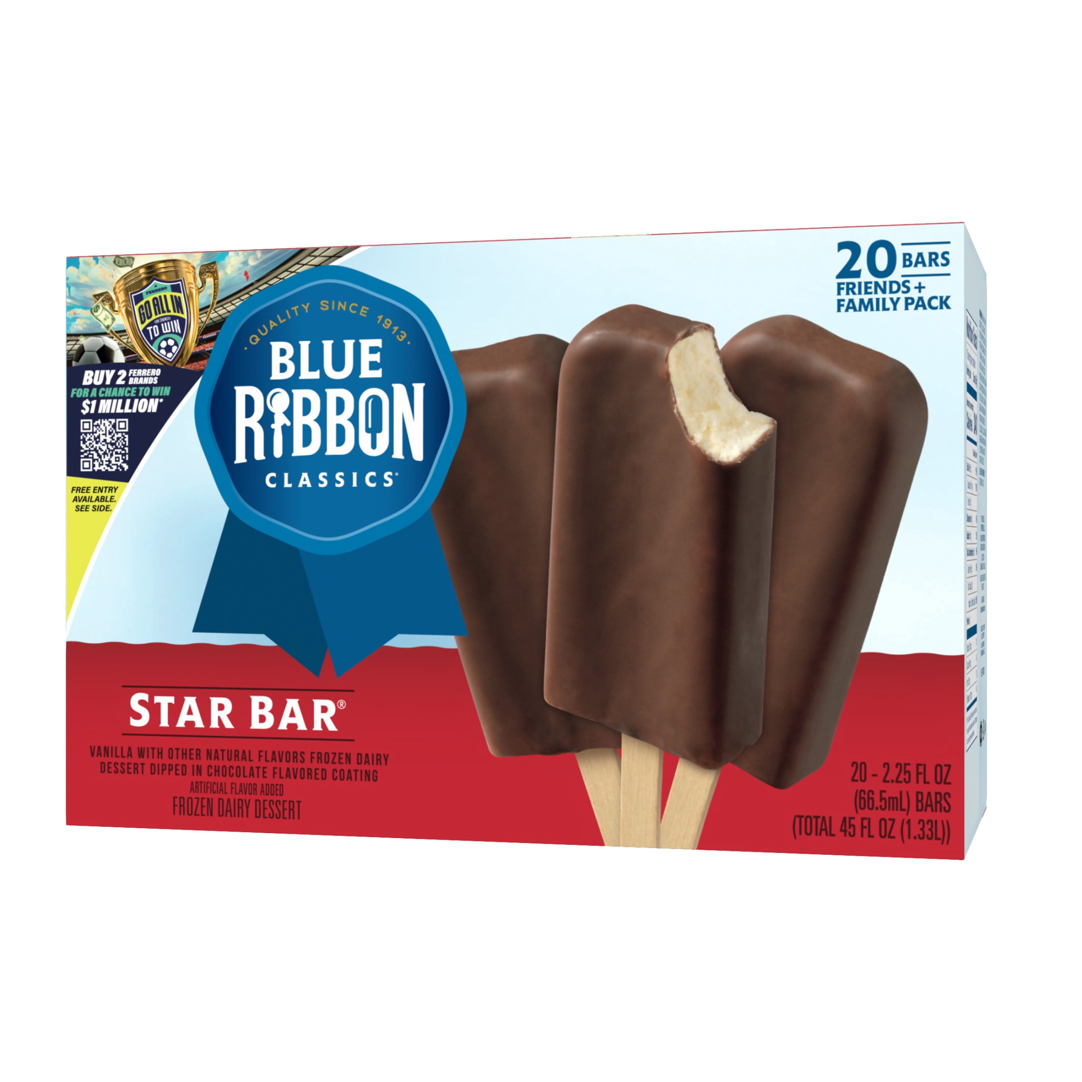 Blue Ribbon Classics Star Chocolate Flavored Coated Artificially Vanilla Flavored Frozen Dessert Treat Bar, 45 fl oz, 20 Pack
