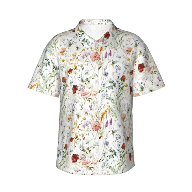 Balery Wildflower Watercolor Camisas hawaianas de manga corta para hombre, camisas playeras de corte holgado, camisas de vacaciones con botones,Medium