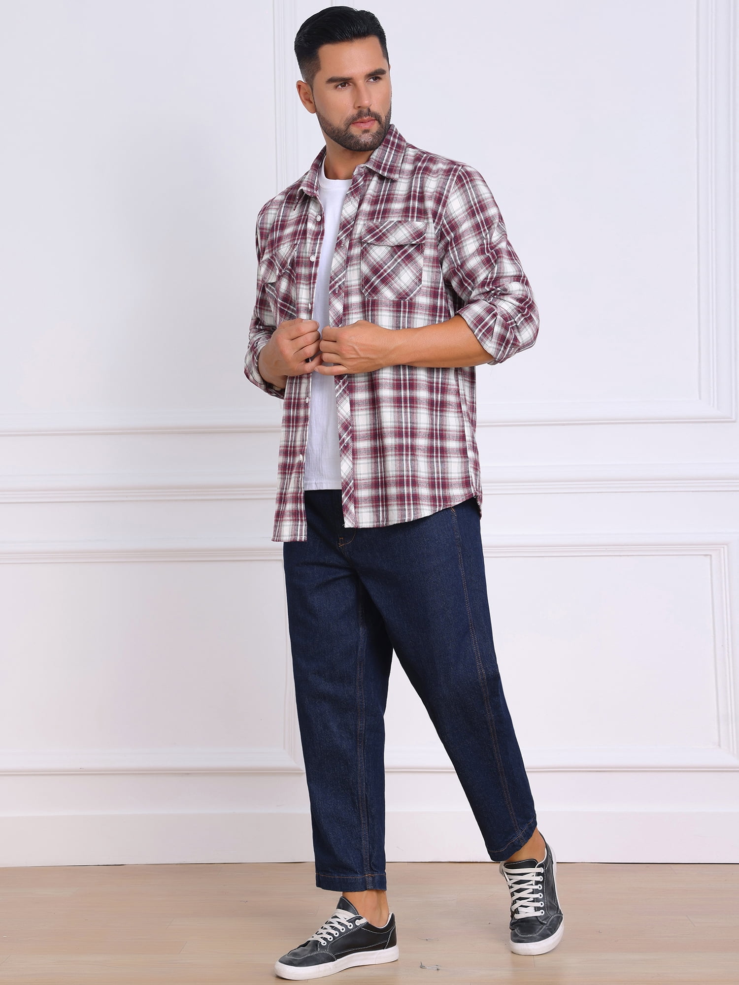 DARING DIVA Men's Contrast Color Slim Fit Long Sleeved Button Down Shirts S Burgundy