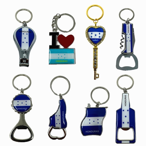 8 Pack of Honduras Keychain Souvenir Charms 5 Bottle Beer Opener Nail Clipper Cork Screw Stainless Steel Keyrings Car Keys Gift Bundle Bulk Set Souvenirs