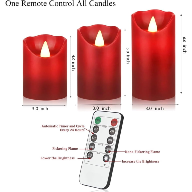 HANZIM Flameless LED Pillar Candles with Remote, Red, 3-Pack photo 6
