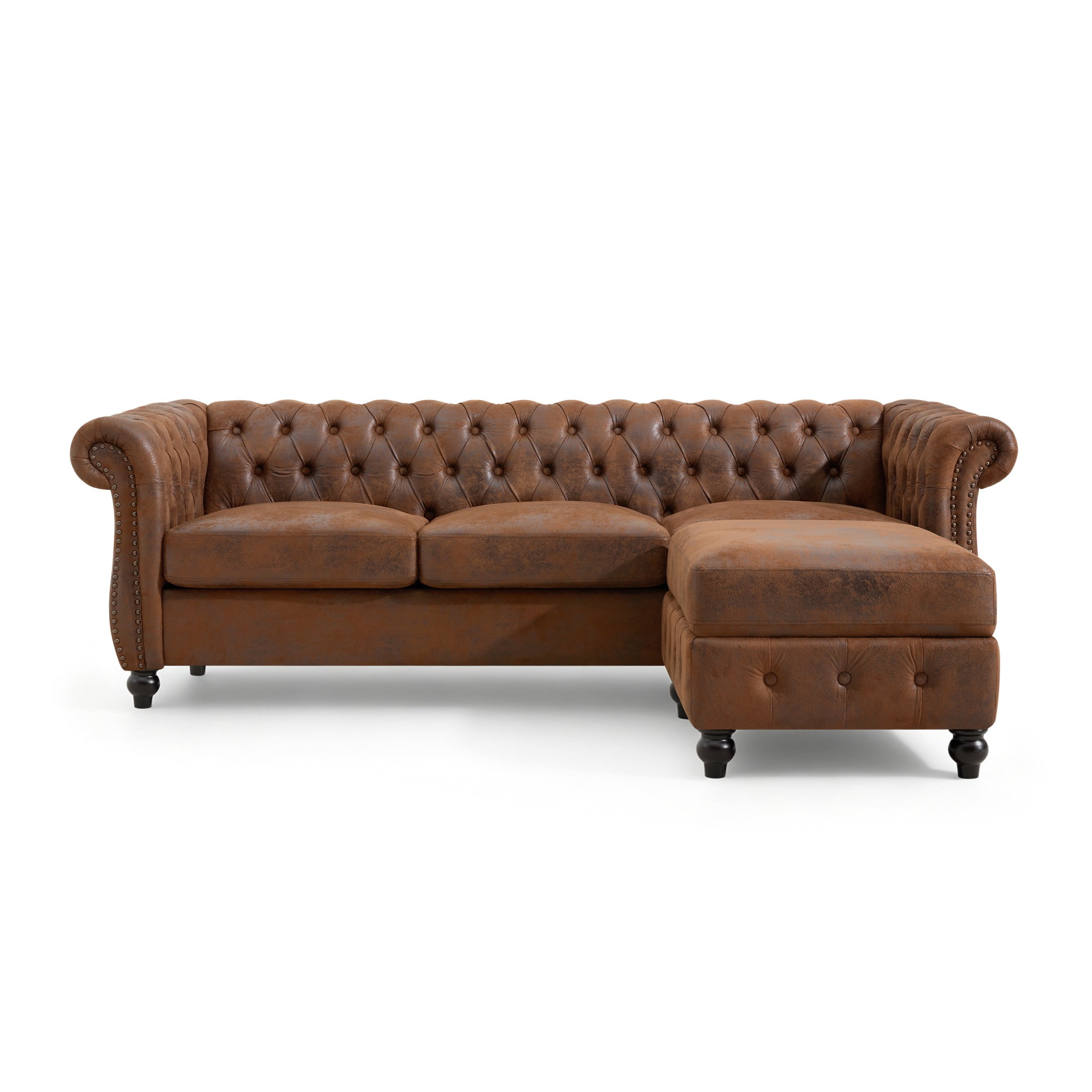 Christopher Knight Home Chesterfield L-Shaped Sofa with Storage Ottoman, Tufted Faux Suede, Brown