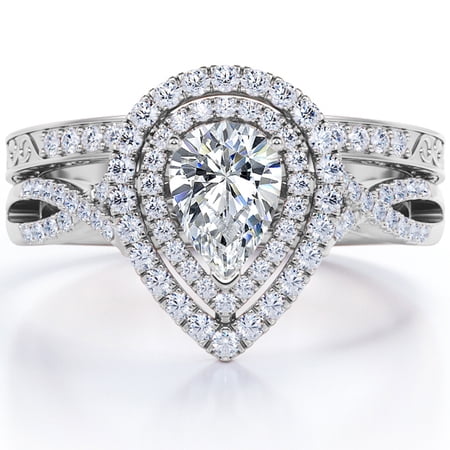JeenMata Duo Halo Design - 1.75 Carat Almond Shape Moissanite - Crossover Edwardian Wedding Set - 18K White Gold Plating over Silver