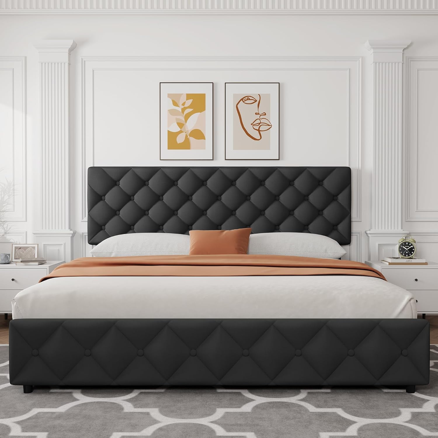 Garvee King Size Bed Frame, with 4 Storage Drawers & Adjustable Headboard, No Box Spring Needed, Black
