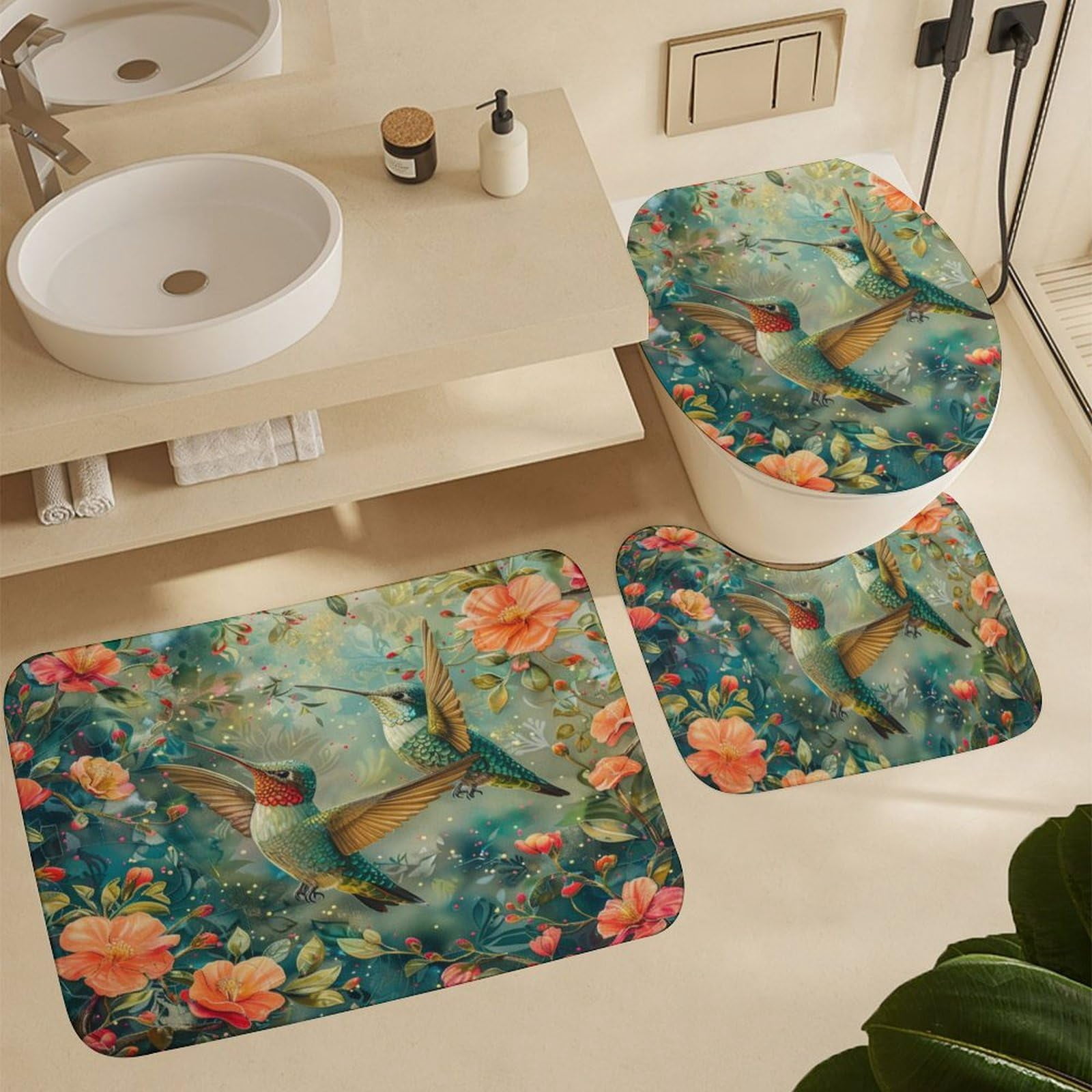 4Pcs Rustic Floral Hummingbird Shower Curtain Sets, Bathroom Decor Set with Rugs, Bath Mat Classic Asian Nature Botanical Shower Curtain, 72 X 72 Inch