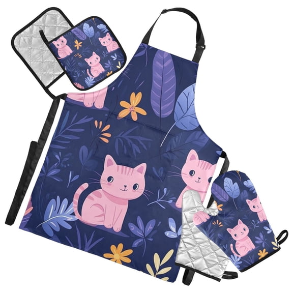 Pink Cats on Purple Oven Mitts and Pot Holders with Chef Apron Set 5 Pcs Kitchen Cooking Set