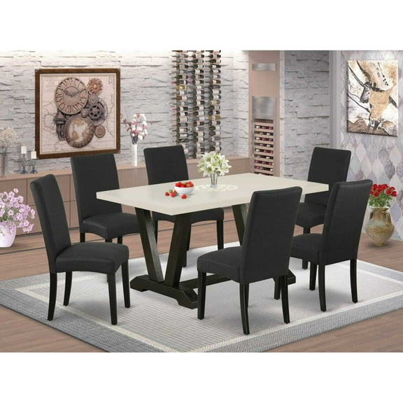 East West Furniture V626DR124-7 7-Pc Dining Table Set- 6 Parson Dining Chairs with Black Linen Fabric Seat and Stylish Chair Back - Rectangular Table Top & Wooden Legs - Linen White and Black Finish