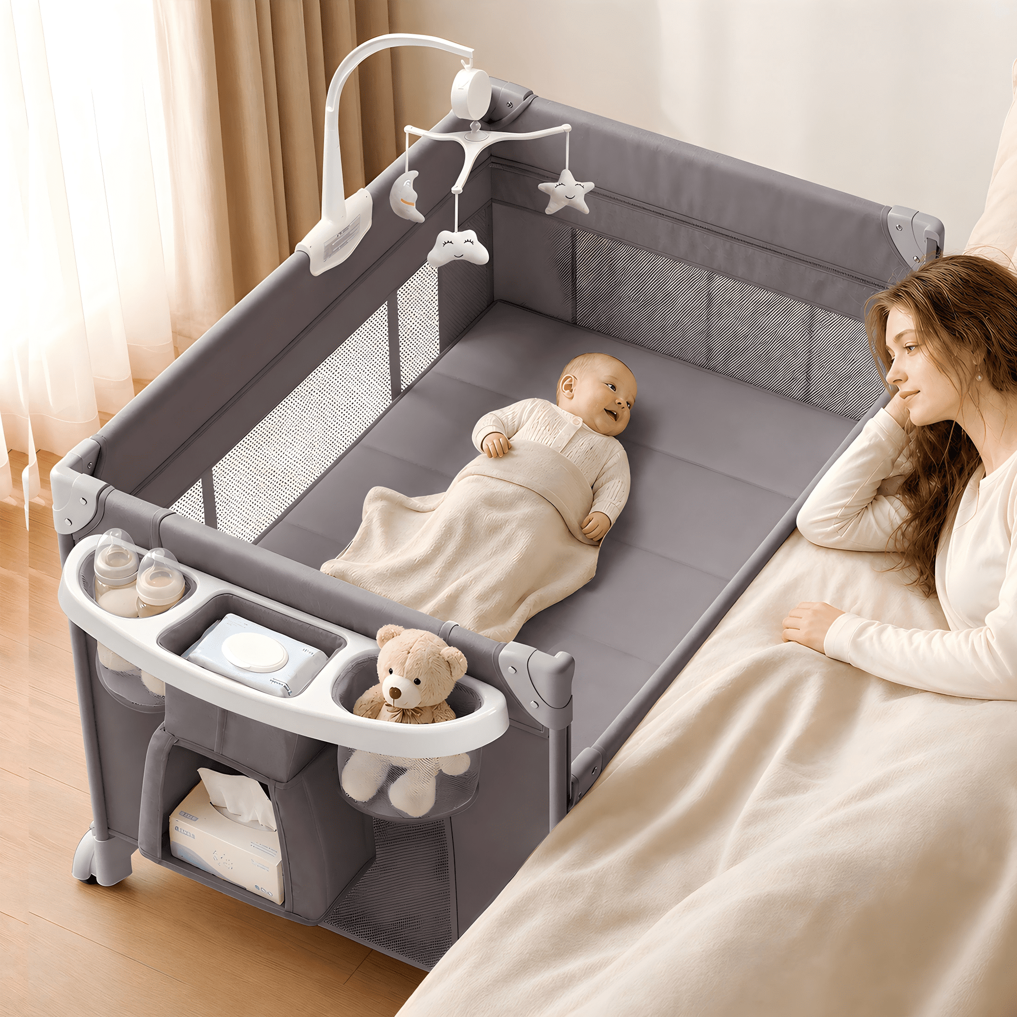 One-Touch Foldable Baby Playard with Bassinet with Changing Table & Mattress & 4 Movable Wheels & Toy Bar & Large Storage Bag for Newborn,Grey