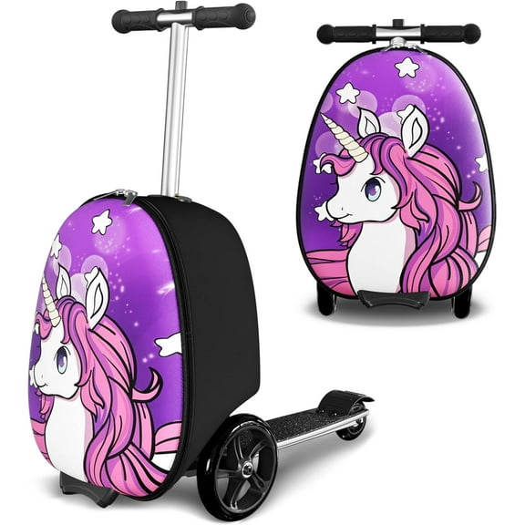 Datingday 2-in-1 Kids Scooter Luggage with LED Light-Up Wheels | Adjustable Handle | Airplane Approved Carry-On for Ages 5-12 | Foldable & Lightweight Travel Suitcase,Purple