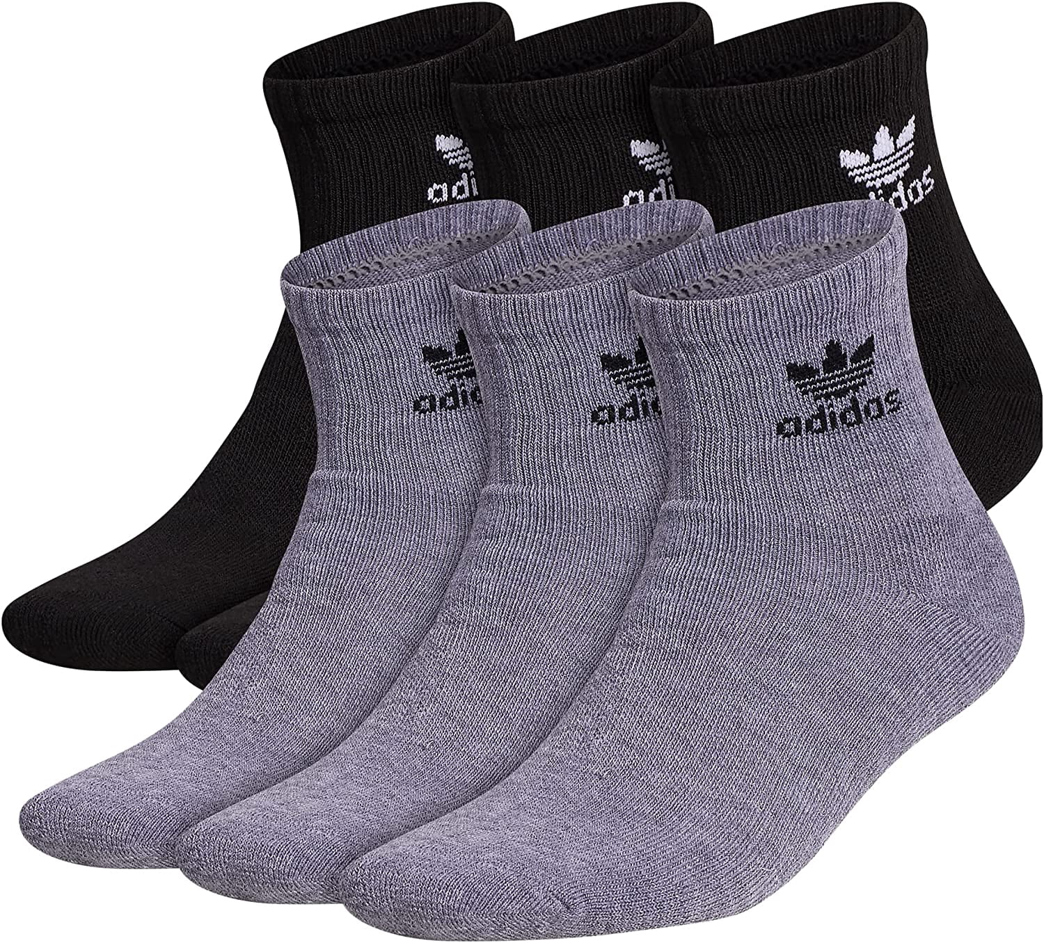 adidas Originals Men's Trefoil Quarter Socks (6-Pair), Heather Grey/ Black/ White, Large