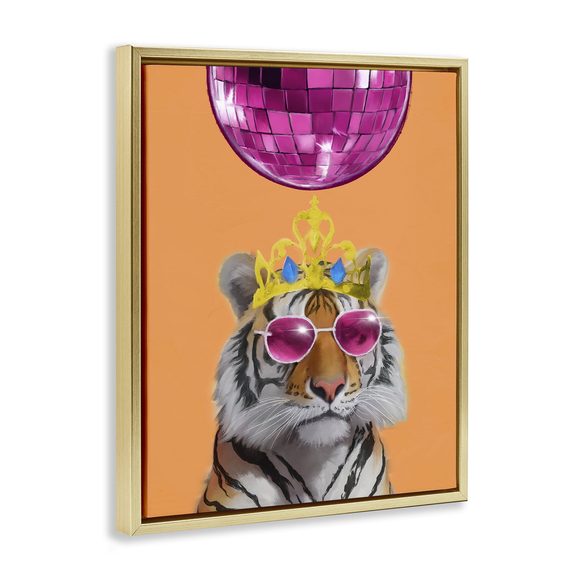 Stupell Industries Disco Tiger with Crown Animals Painting Gold Floater Framed Canvas Art Print Wall Art, 17 x 21