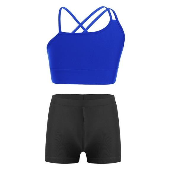 TiaoBug Kids Girls 2 Piece Dance Sport Outfits Gymnastics Dancewear Cami Crop Top with Booty Shorts Set Royal Blue&Black 10