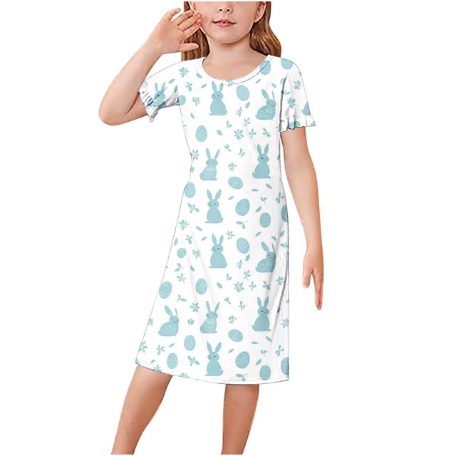 RXIRUCGD 2025 Vêtements d'Été pour Enfants 3-12 Ans Mode Couleur Unie Pyjamas Rêveurs Robe à Manches Courtes Col Rond