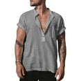 thumbnail image 2 of Camisa con cuello en V para hombre, de algodón y lino, informal, holgada, con cuello levantado Pompotops oipoqjl7453, 2 of 7