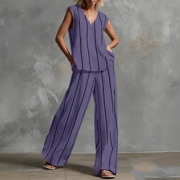 Pounoo Women's Loungewear Sets Vertical Stripe Sleeveless V Neck Top And Wide Leg Pants Two Piece Outfits Daily Wear Lightweight Breathable Loose Fit Sets Gift
