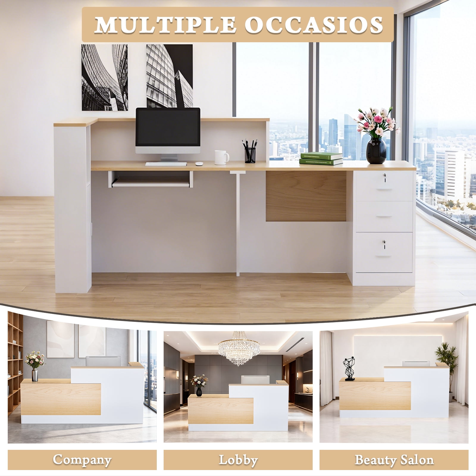 Vakiorn L-Shaped Wooden Reception Desk Lockable Drawers Storage Keyboard Tray 71in for Office Lobby Checkout Left Natural Wood White
