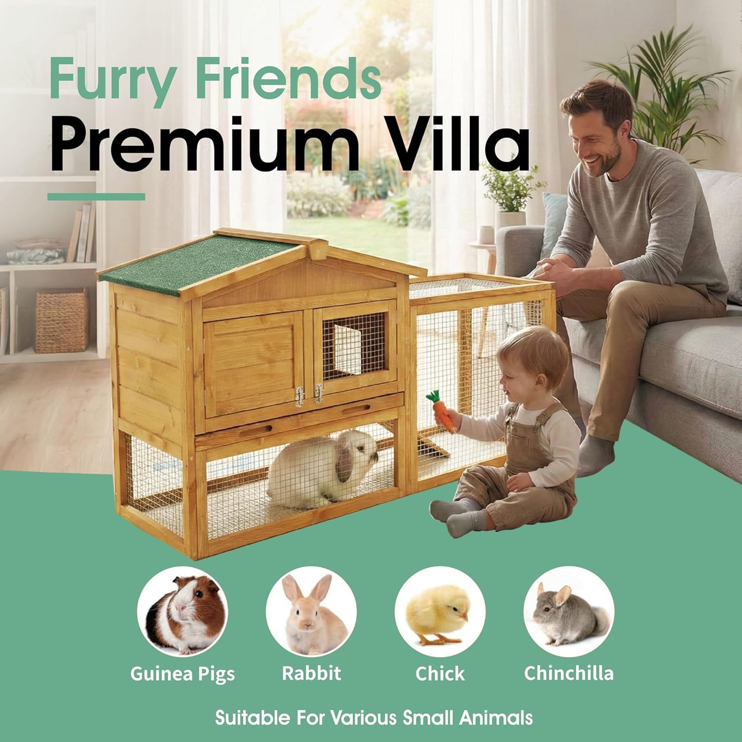 Wooden Rabbit Hutch Indoor and Outdoor, Large Rabbit Cage Chicken Coop Expandable, Weatherproof Bunny Cage with Anti-Chew Metal Frame Ramp for Backyard Small Animals Rufous, Natural