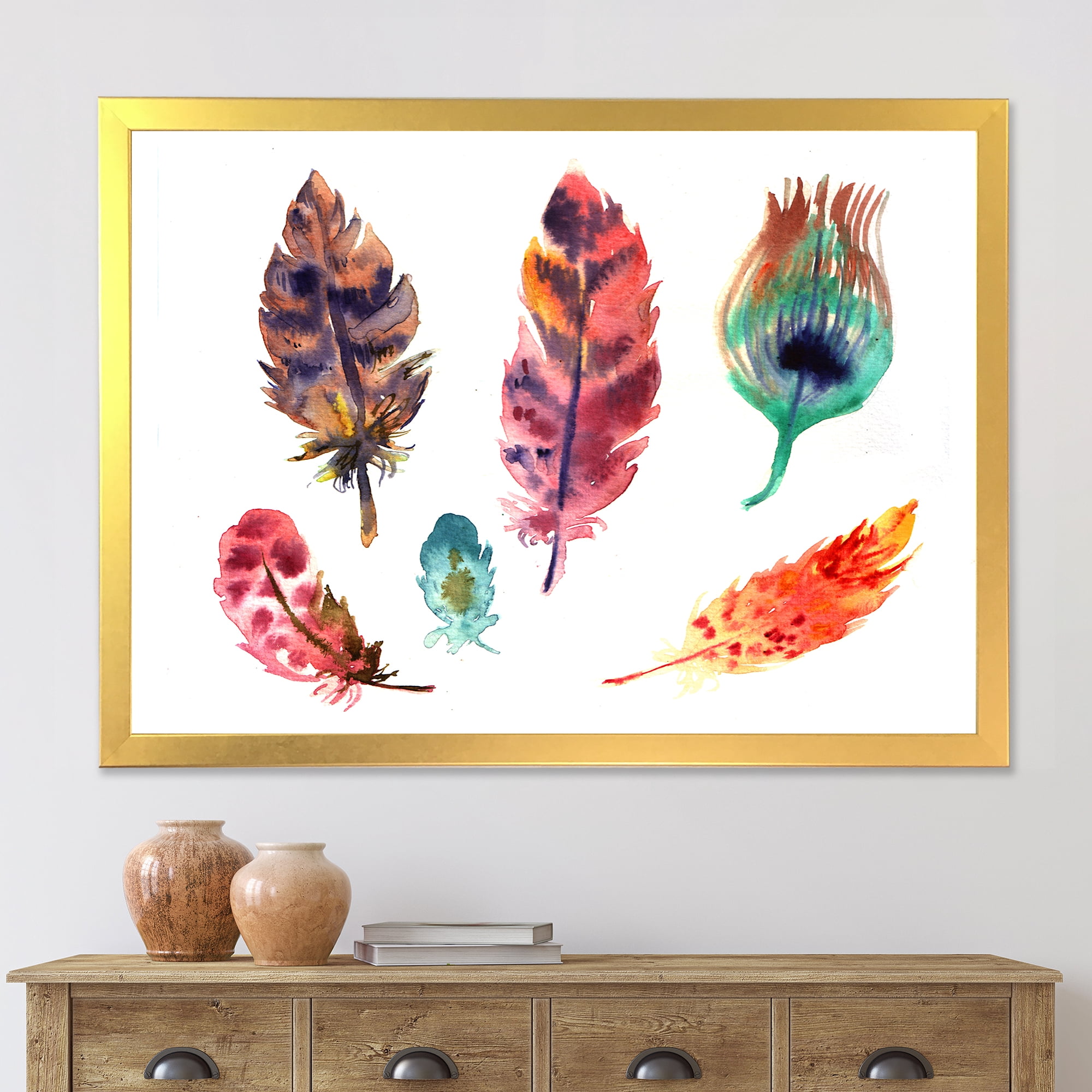 Designart 'Colourful Boho Art Feather Set II' Bohemian & Eclectic Framed Art Print