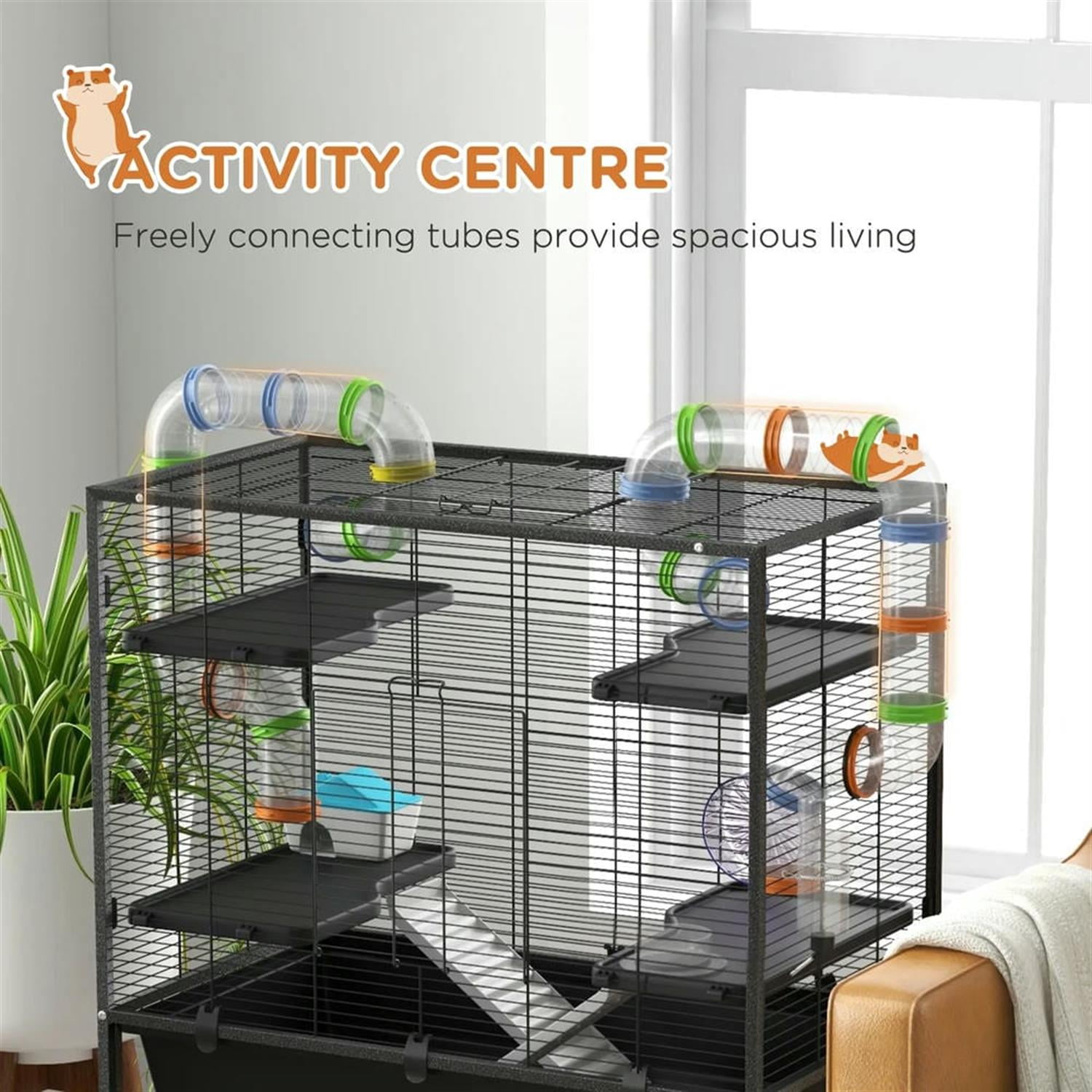 Demi Bonn 32" Large Hamster Cage, Gerbil Cage with Tubing System, Running Wheel, Ramps, Platforms, Small Animal Habitats for Syrian Gerbil, Black