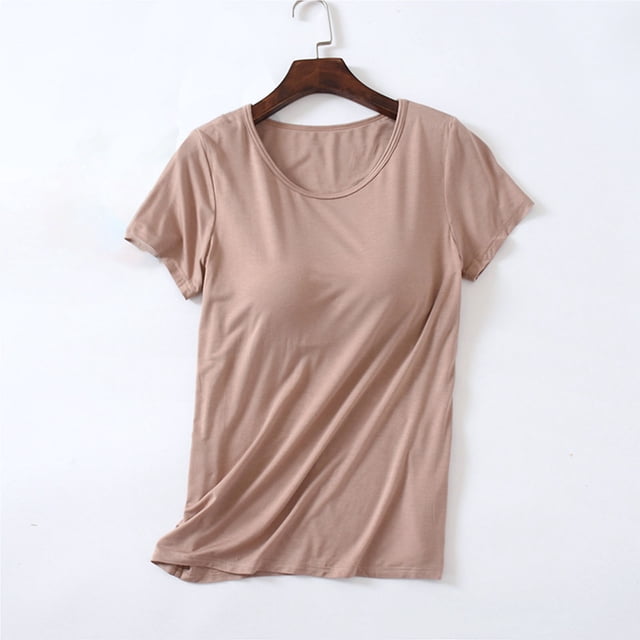 Neewe Tank Top for Women with Built-in Padded Bra Short Sleeve Shirt Cotton Linen Soft Pajamas Daily Outfits