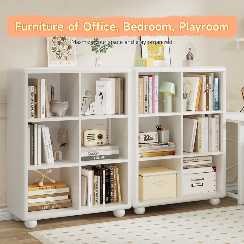 Tall Bookcase with 6 Cube Storage, Wooden Kids Bookshelf with Child Safe Paint, Girl Toy Storage Organizer Cabinet with Thick Board, Boy Large Book Shelves for Office Playroom Living Room