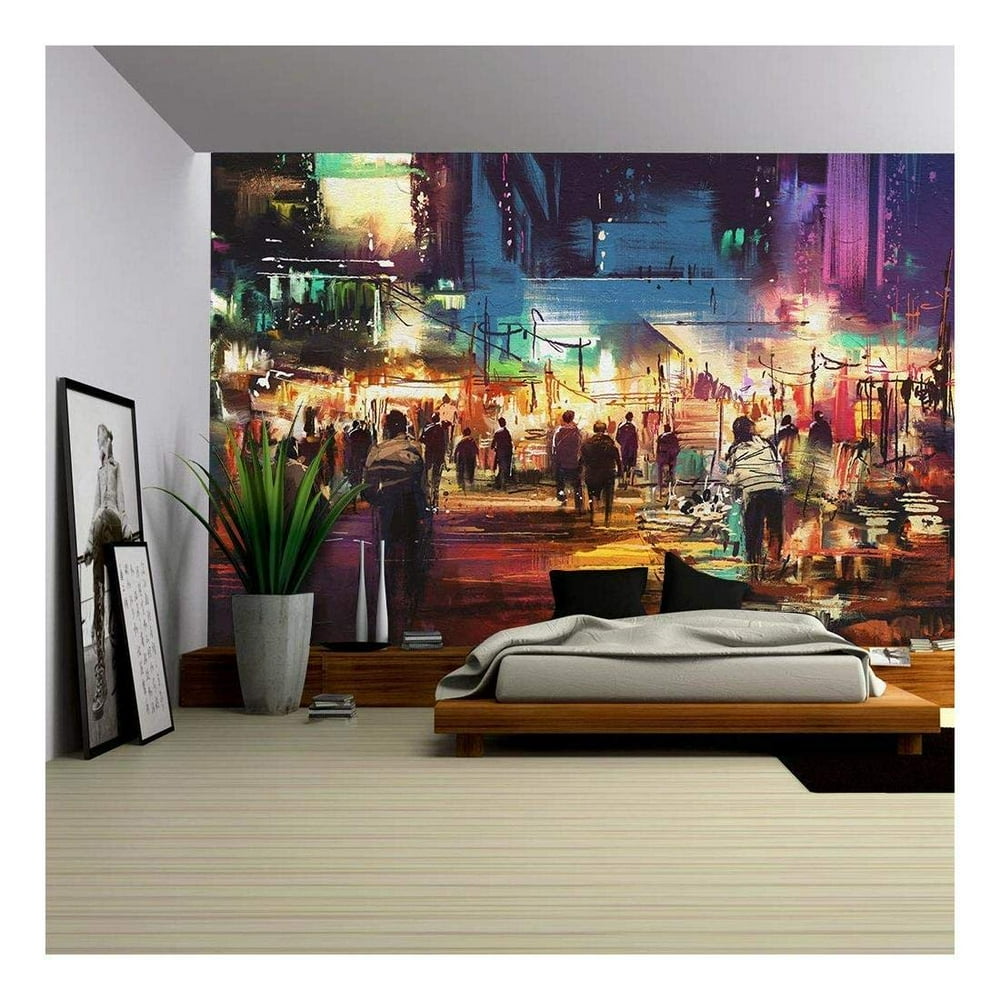 Wall26 Painting of Shopping Street City with Colorful Nightlife Removable Wall Mural Self