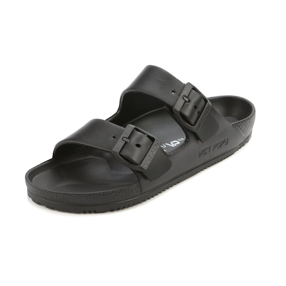WDLGRBS Womens Sandals Adjustable Double Buckle Strap Waterproof EVA Flat Slides,BLACK,Sizes 6