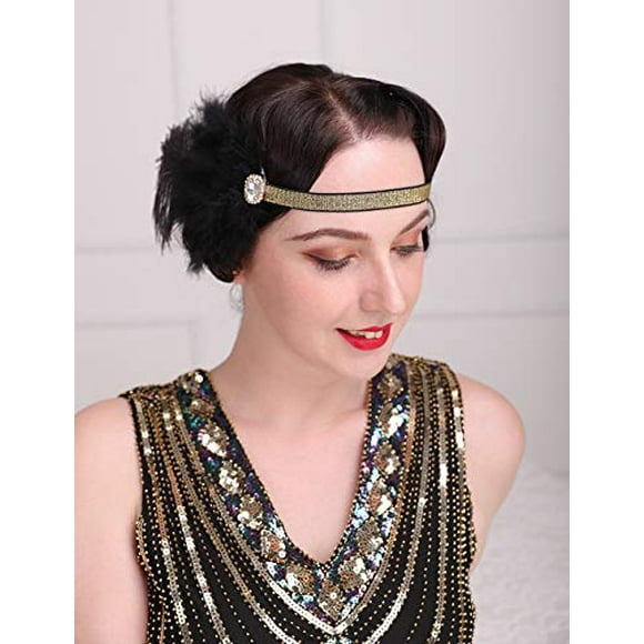Aimimier 1920s Flapper Feather Headband Black with Elastic Hair Band Costume Roaring 20s Feather Headpiece Great Gatsby Hair Accessories for Women and