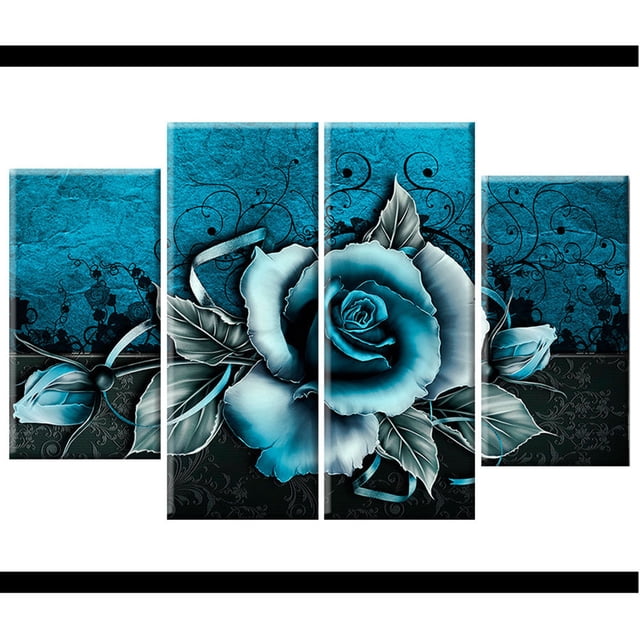4pcs Abstract Teal Rose Floral Oil Canvas Flower Print Wall Painting Home