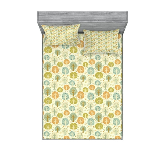 Ambesonne Forest Fitted Sheet & Pillow Sham Set, Trees Hearts and Flowers, Full, Multicolor