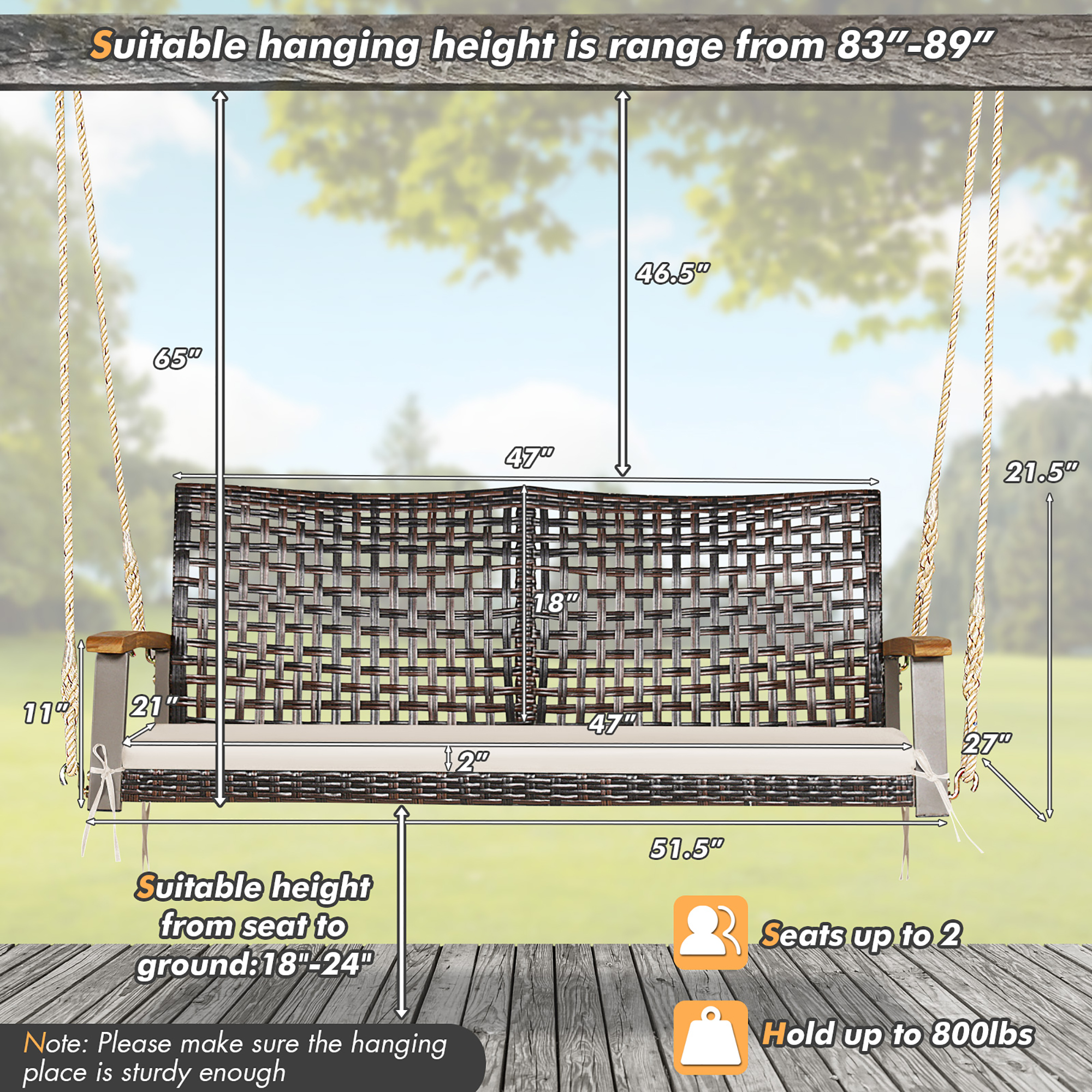 Costway 2-Person Patio Rattan Hanging Swing Chair Porch Loveseat Cushion Off White - image 4 of 10