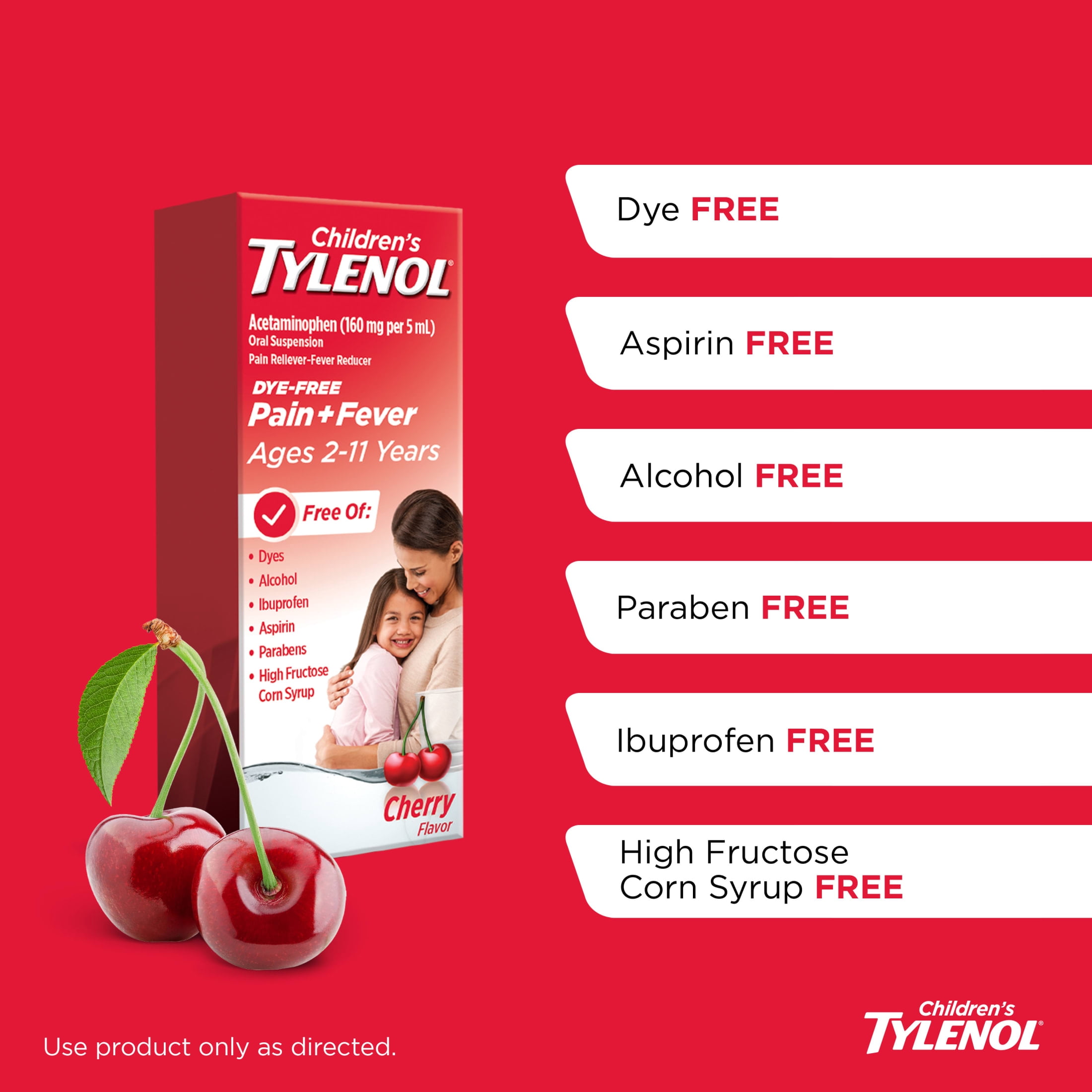 (3 pack) Children’s Tylenol Dye-Free, Oral Suspension, Pain Relief and Fever Reducer, Cherry Flavor 8 Fl oz