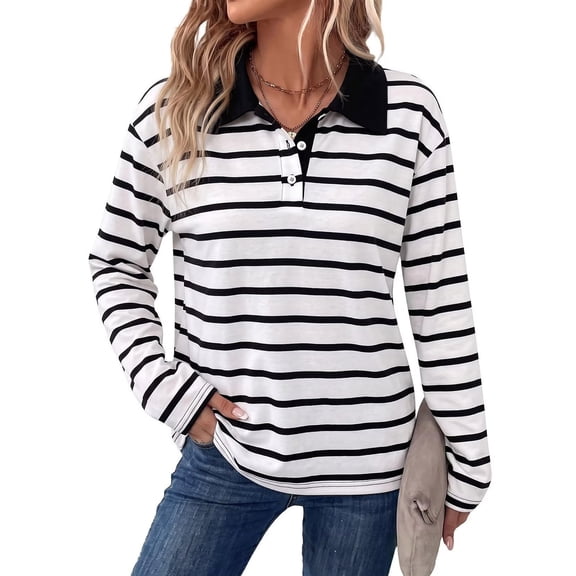 Garbnen Striped Women's Polo Shirts Color Block Buttons Collared Basic Long Sleeve Shirts for Women Relaxed Fit Basic Fall Winter Golf Shirts for Women