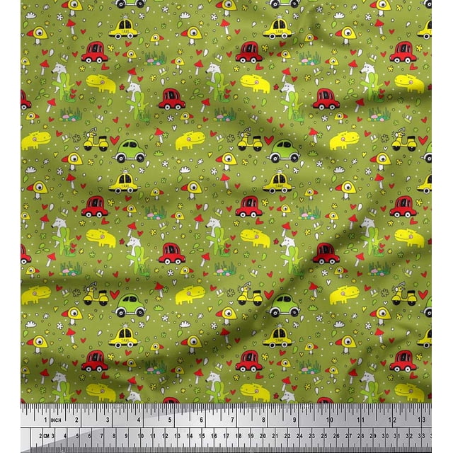 Soimoi Polyester Crepe Fabric Heart,Vehicles & Animals Cartoon Print Fabric by The Yard 52 Inch Wide