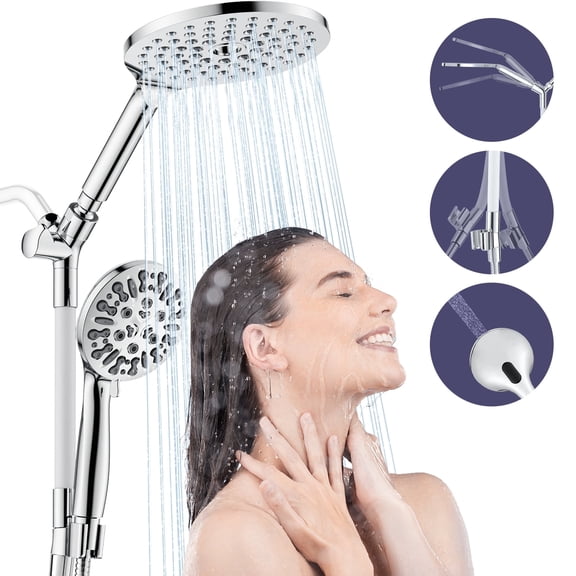 JONKEAN Chrome Modern Dual Shower Head with Handheld Spray, 7.5 inch Rainfall and 9-mode Hand Shower, 78-inch Hose