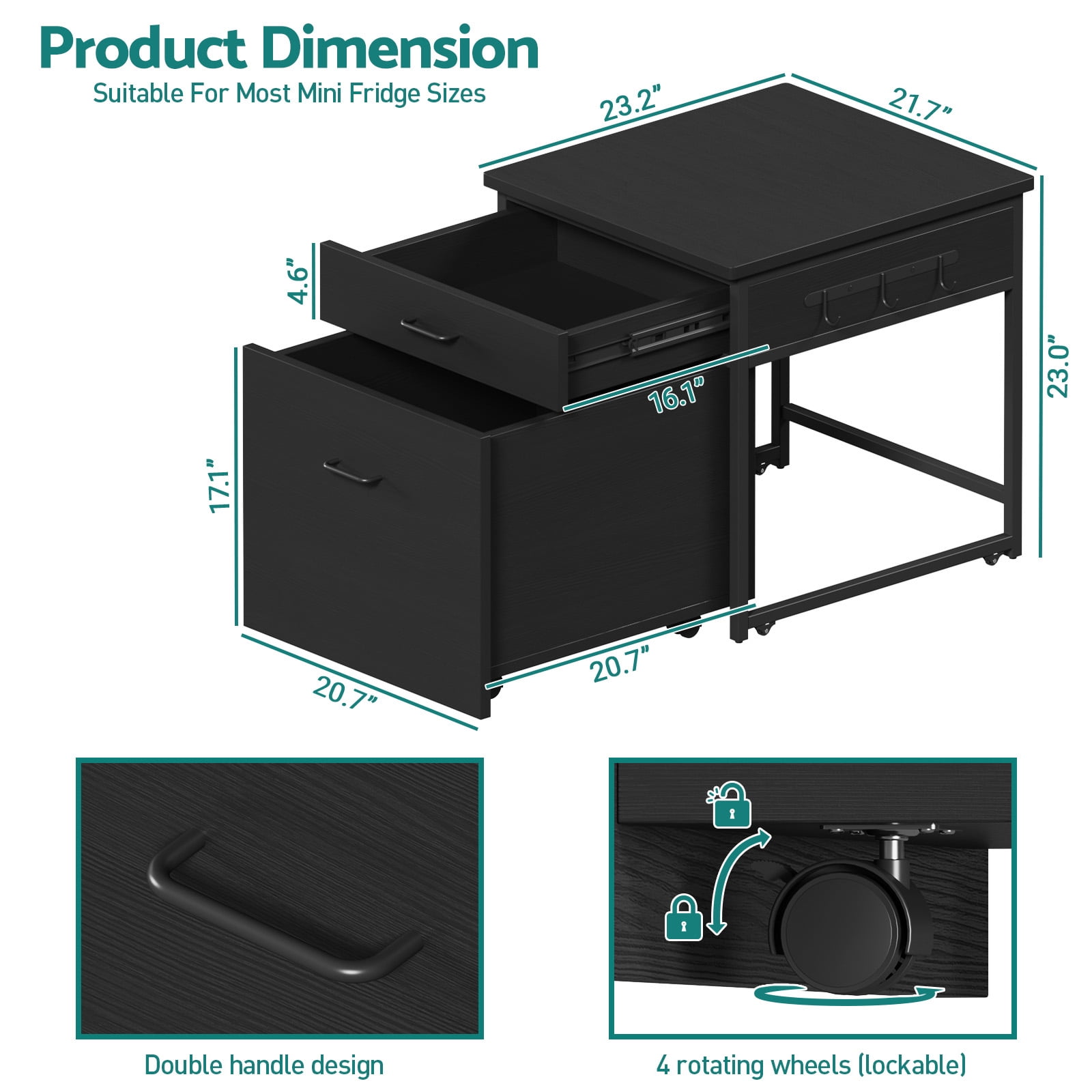 Advwin Heavy Duty Mini Fridge Stand with Storage, Mini Refrigerator Cart with Rolling Cabinet, Drawer & Lockable Wheels, Beverage Fridge Table for Dorm Home Office Bedroom, Black