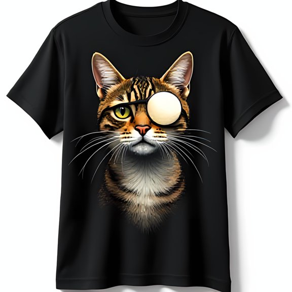Brown Tabby Cat with White Eyepatch Graphic on Black T-Shirt
